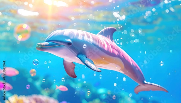 Fototapeta Ocean's Grace: A vibrant dolphin swims gracefully through the shimmering water, bubbles dancing around it as it navigates the crystal-clear depths, illuminated by the sun's warm rays. 