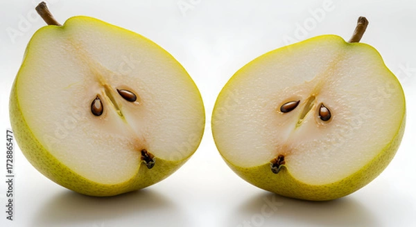Fototapeta A single fresh green pear sliced in half, revealing the internal core with seeds, isolated on a clean white background