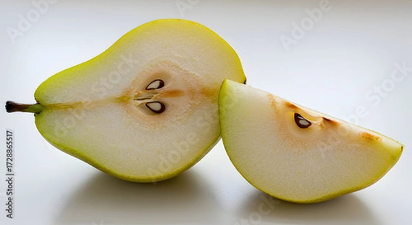 Fototapeta Fresh Pear Sections A Slice and a Half Close-Up on White