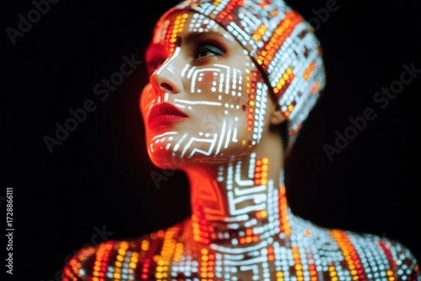 Fototapeta Digital art futuristic fashion portrait with glowing circuit pattern