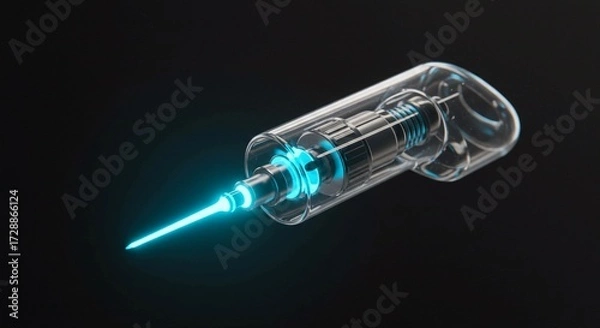 Fototapeta Futuristic injection syringe with glowing blue liquid creates a captivating modern medical concept, perfect for innovative healthcare marketing and pharmaceutical design
