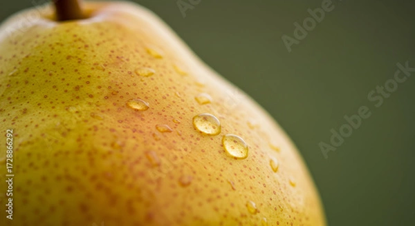 Fototapeta Close-up of a fresh, ripe pear glistening with delicate water droplets on its vibrant yellow-green skin, showcasing nature's refreshing beauty