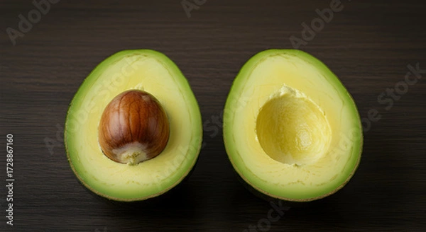 Fototapeta A vibrant and wholesome avocado, meticulously sliced into two halves, one displaying its intact pit, highlighting its natural freshness and healthy appeal