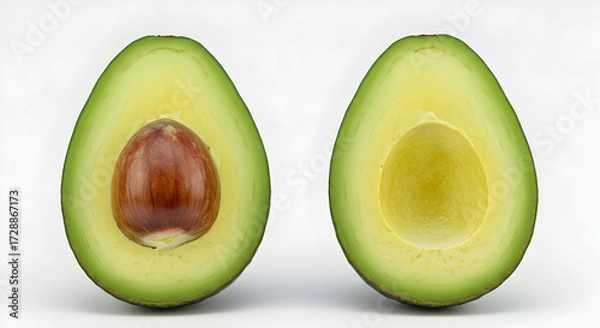Fototapeta Ripe Avocado Halves One with Pit, One Without, Against a White Backdrop