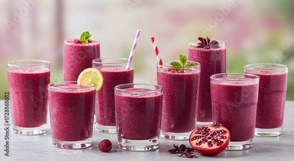 Fototapeta Vibrant pomegranate raspberry smoothies ready to enjoy for a healthy start to your day, perfect for wellness promotions or summer refreshment campaigns