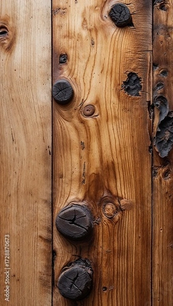 Fototapeta  a close-up photograph of a wooden surface, showcasing a rustic and natural style. The layout is vertical, with the wood grain running parallel to the longer side of the image