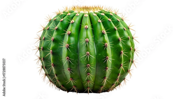 Fototapeta A round green cactus with sharp spines isolated on a white background.