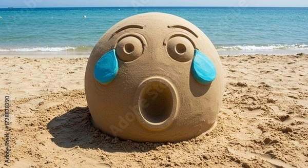 Fototapeta Hilarious crying emoji sand sculpture melts hearts on a sunny beach with gentle ocean waves creating a perfect summer vacation scene