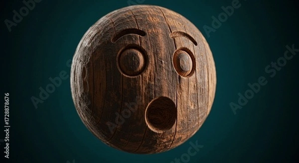 Fototapeta Expressive distressed wooden sphere with surprised emoji face carved, evoking shock and wonder in a textured, rustic design for creative projects and themes