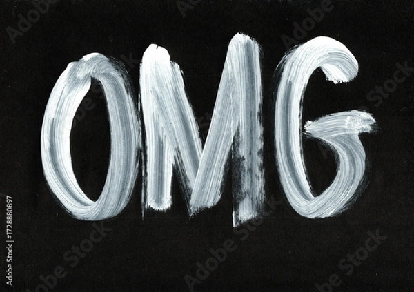 Fototapeta The word "OMG" is written in large white strokes on a black background. The contrast of the colors makes the word a bright and emotional accent. 