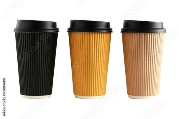 Fototapeta Three Takeaway Coffee Cups in Black, Orange, and Tan with Ribbed Design and Lids