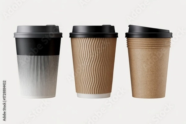 Fototapeta A row of three takeaway coffee cups featuring black, white, and kraft paper textures with lids, suggesting morning commute, cafe culture, and everyday beverage moments in a modern, minimalist style.