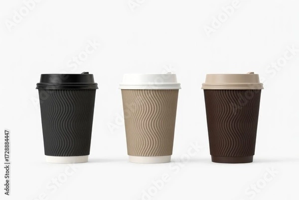 Fototapeta A trio of takeout coffee cups featuring textured wavy sleeves in black, beige, and brown. Ideal for lifestyle, cafe branding, or product styling, conveying everyday warmth and modern design.