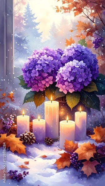 Fototapeta Winter hydrangeas and candles