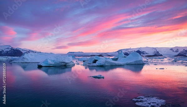 Fototapeta Vibrant Pastel Dreamscape Of Glowing Icebergs And Tranquil Water Under Gradient Pink And Purple Sky At Ethereal Polar Sunset