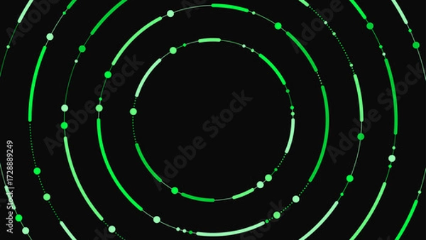 Fototapeta Abstract vector background with concentric rings and dots in neon green on black. Futuristic geometric design for tech, digital, blockchain, and creative projects.