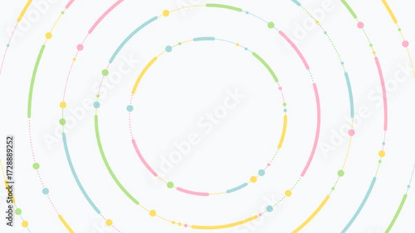 Fototapeta Abstract vector background with concentric rings and pastel dots in pink, yellow, green, and blue on white. Minimal geometric design for modern, creative, and lifestyle projects.