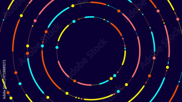 Fototapeta Abstract vector background with colorful neon circles and dotted rings on dark blue. Futuristic digital design perfect for tech, cyber, and creative projects.