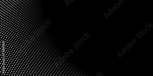 Fototapeta Dark curved wavy halftone pattern in white on the left over black background, creating depth, ideal for modern, minimal, and tech-inspired designs. Modern style visual template with large copyspace.