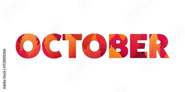 Fototapeta Large October Typography or Banner Design, Template with Colorful Leaves. Colors: Red, Orange, Brown - Vector Template Design Isolated on White Background - Design Element for Calendar or Web