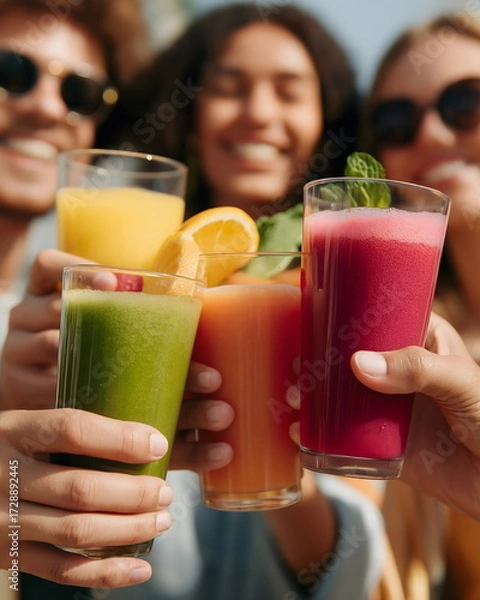 Fototapeta Group of friends toasting with colorful smoothies in summer sunlight  