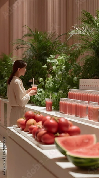 Fototapeta Woman enjoying refreshing fruit smoothie in cafe surrounded by greenery  