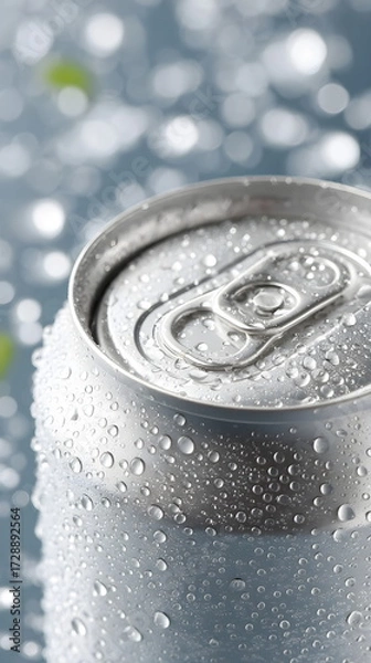 Fototapeta Silver soda can with droplets on blue backgroundб product design banner  