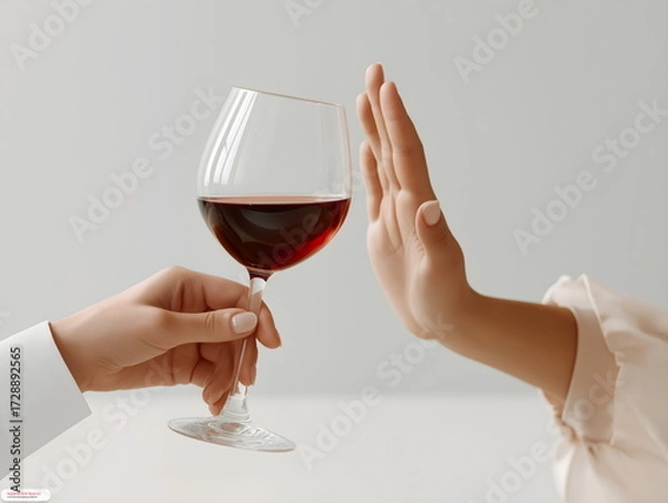 Fototapeta Hand rejecting wine glass in modern setting with neutral background, no alcohol banner  