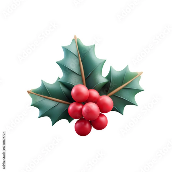 Fototapeta holly berries and leaves 3d style on transparent background
