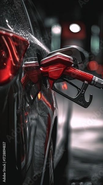 Fototapeta Close Up Of Red Fuel Pump In Night Gas Station