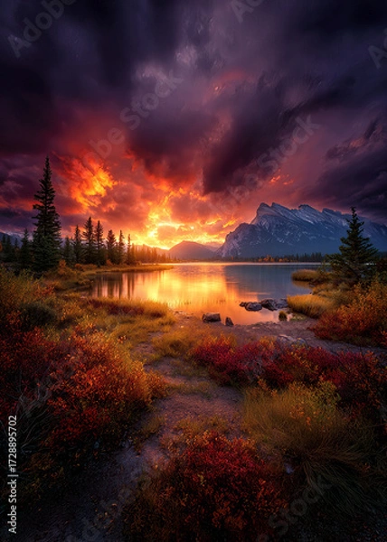 Fototapeta A stunning sunset paints the sky with dramatic hues of orange and purple. Reflecting on a calm lake, the vibrant colors contrast beautifully with the surrounding mountains and autumn leaves.