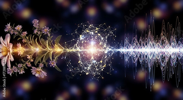 Fototapeta Dynamic fusion of nature and technology cosmic visualization digital artwork abstract environment