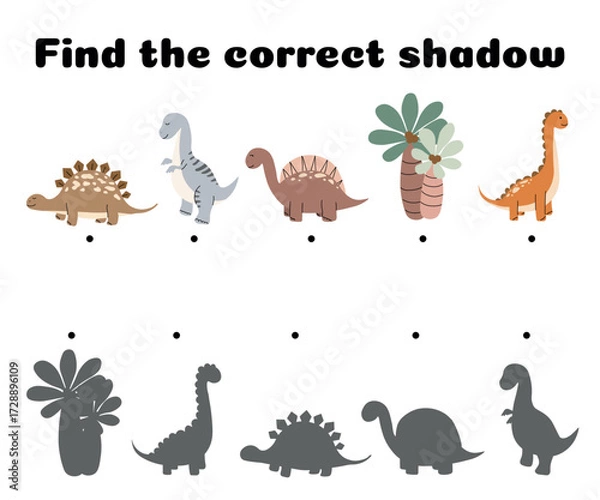 Fototapeta Find the Correct Shadow – Dinosaur Matching Worksheet