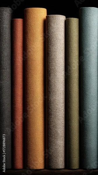 Fototapeta a set of high-quality, fabric book spines in various colors and textures displayed on an isolated black background.