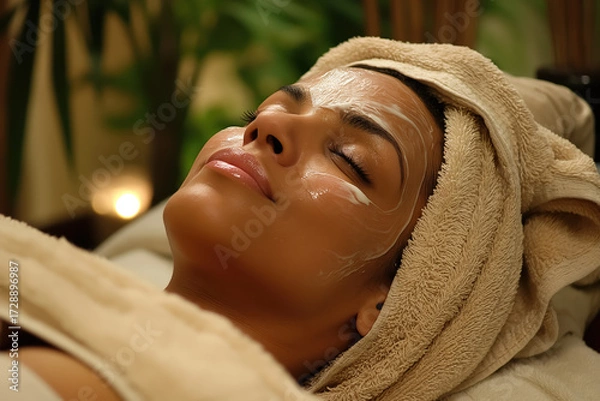 Fototapeta Close-up of woman with facial mask relaxing at spa with towel wrapped around head.