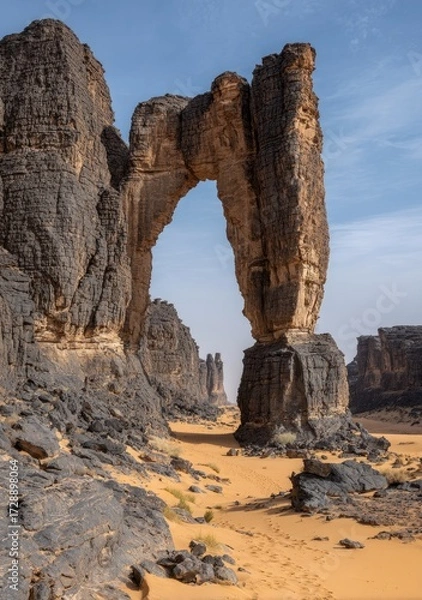 Fototapeta A dramatic rock archway pierces the arid landscape, showcasing dramatic textures and colors in a natural wonder.