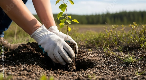Fototapeta Planting young trees forest clearing environmental action outdoor setting close-up view sustainability concept