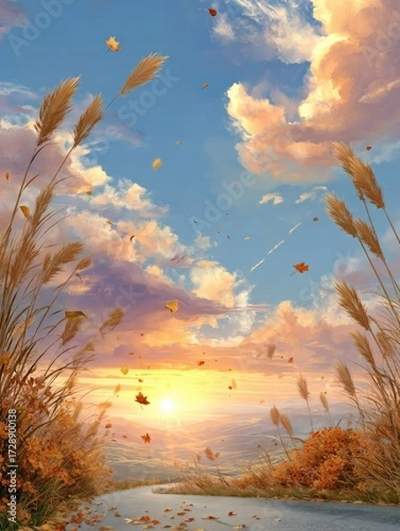 Fototapeta A picturesque autumn vista, with tall grasses swaying gently in a warm sunset breeze, and colorful leaves dancing on the wind, creating a sense of tranquility and natural beauty.