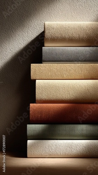 Fototapeta a stack of books with spines in different colors and textures, leaning against a textured wall. the lighting casts gentle shadows on their edges