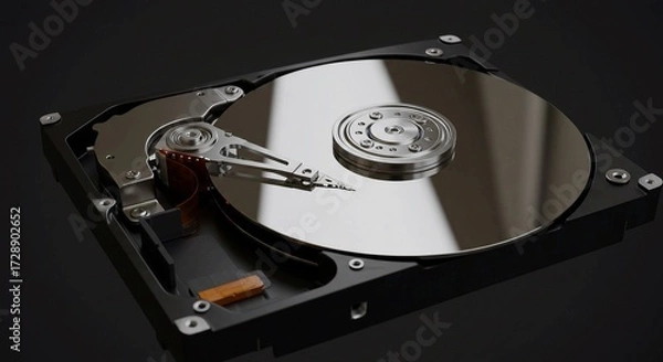 Fototapeta Close-up view of the internal components of a hard disk drive, showcasing the spinning platters and read/write head.