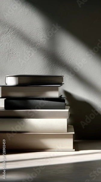 Fototapeta  a stack of books, captured in a minimalist setting with soft lighting and shadows.