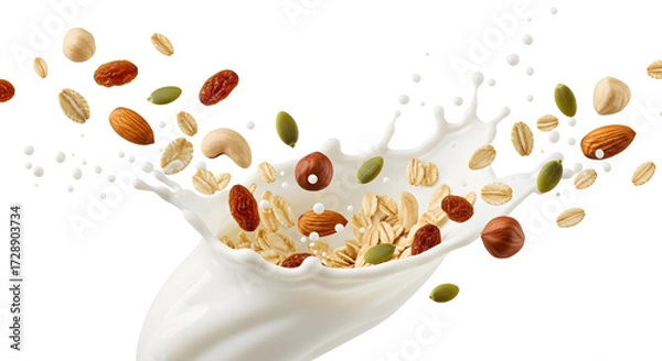 Obraz A vibrant, dynamic splash of fresh milk, wholesome oats, crunchy nuts, and nutritious seeds creating an energetic breakfast concept, perfect for a healthy lifestyle and balanced diet