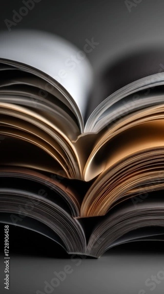 Fototapeta close-up of open book pages, focus on the edges of each page to create an illusion that they levitate and merge with another one in front of them