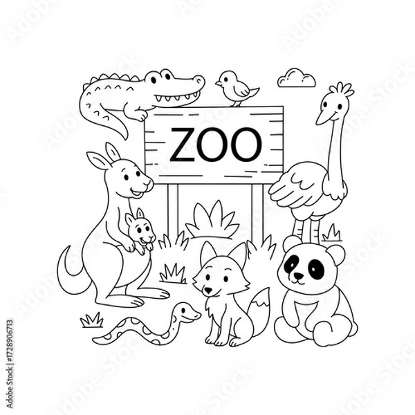 Obraz Hand-drawn zoo coloring book illustration, simple line art, clean outline, no shading, doodle style, suitable for children's coloring book with transparent background