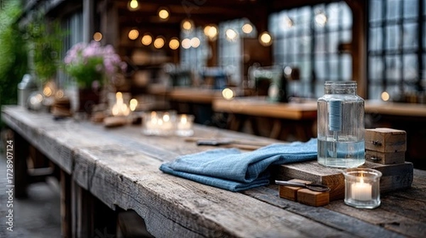 Obraz Rustic Wooden Table with Candles and Lights in a Workshop Setting