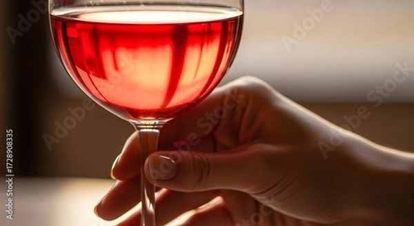 Fototapeta Elegant hand holding a glass of red wine in soft natural light with a blurred background ambiance