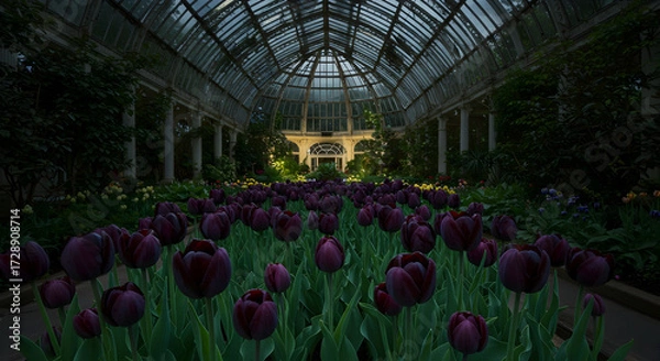 Fototapeta Black Tulips blooming on their plant in a botanical conservatory, with dramatic spotlighting. Elegant and mysterious