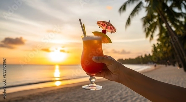 Fototapeta Tropical cocktail with an umbrella and cherry, held against a sunset beach backdrop with palm trees