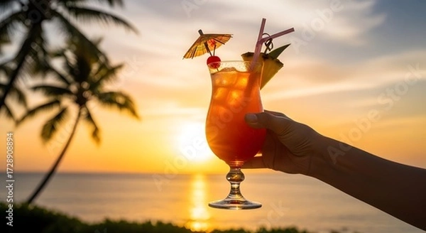Fototapeta Vibrant tropical cocktail held against a stunning sunset backdrop with palm trees by the ocean