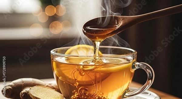 Fototapeta Warm cup of herbal tea with honey and lemon being stirred, cozy kitchen setting with bokeh lights